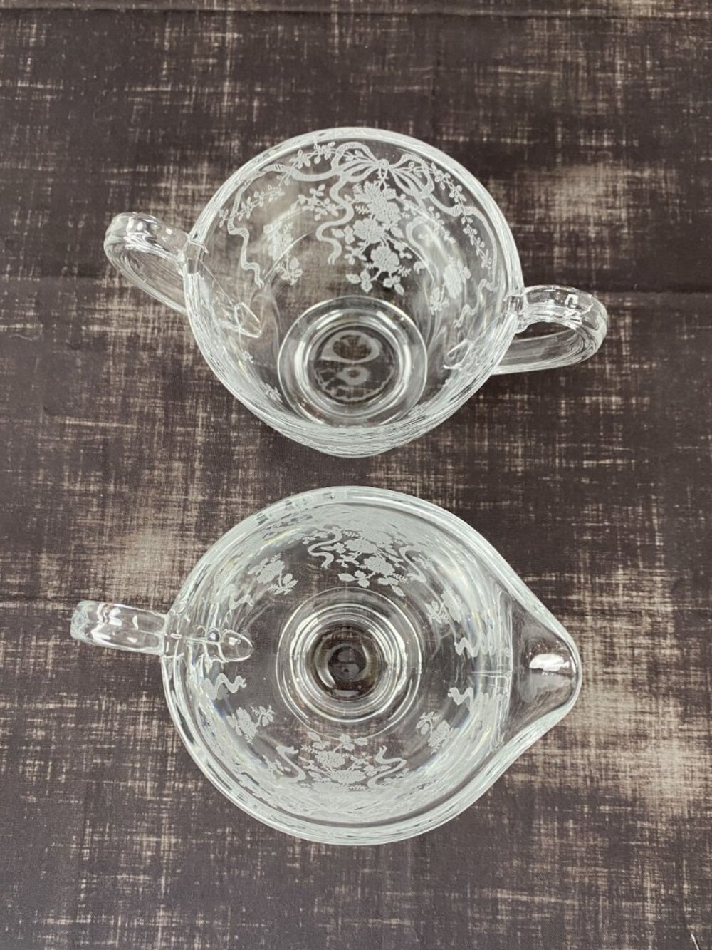 VTG 1940s Fostoria Romance Crystal Creamer Sugar Bowl Set Floral & Ribbon Etched - Picture 6 of 14